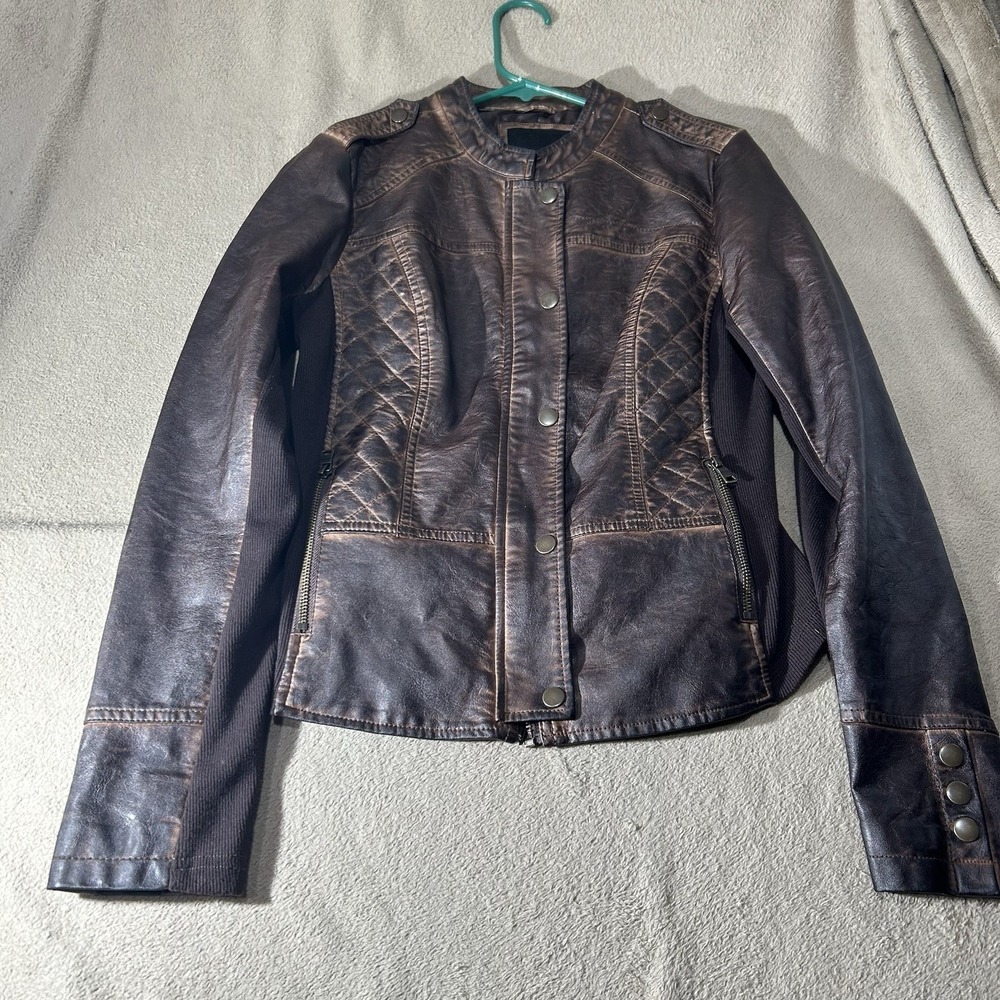 Maurices Brown Distressed Faux Leather Moto Jacket Stretch Sides Womens Size M